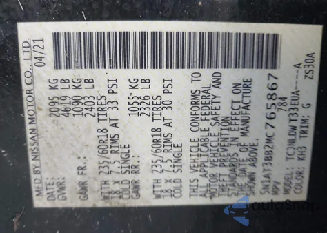 2021 Nissan Rogue Sv Intelligent Awd z USA, uszkodzony, nr VIN 5N1AT3BB2MC765867